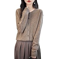 Women's Crewneck 100% Merino Wool Sweater 2024 Spring Fall Solid Long Sleeve Seamless Knitted Cardigan Sweater