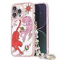 Compatible for iPhone 14 Pro Case Cute Aesthetic - Glitter Pink Phone Case with Camera Protector - Girly Tiger Pattern Print Cover with Wrist Strap Design for Woman Girl 6.1