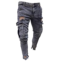 Andongnywell Men Skinny Stretch Destroyed Denim Pants Ripped Slim Fit Jeans Trousers Stretch Knee Pocket with Zipper