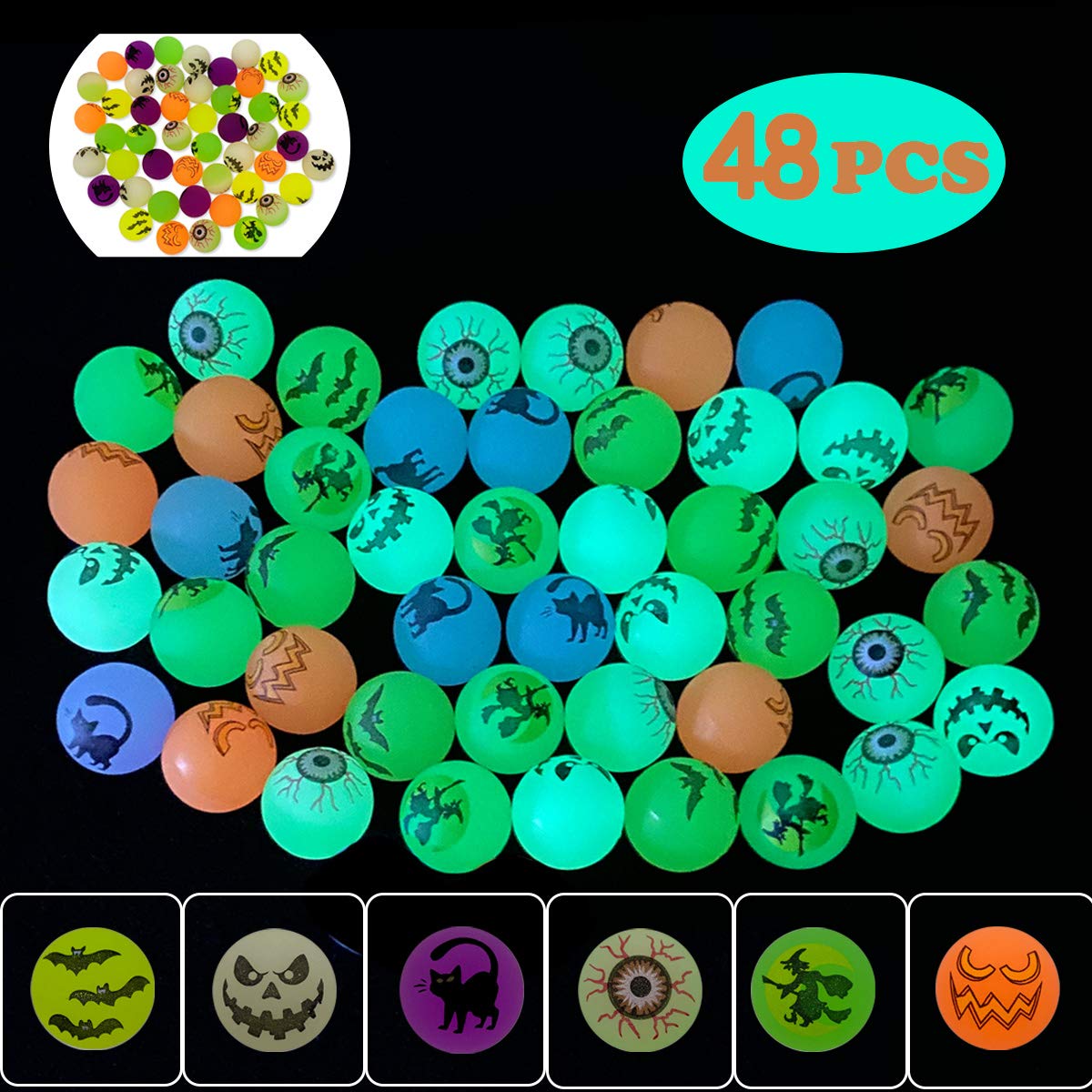 QINGQIU 48 PCS Halloween Glow in The Dark Bouncy Balls 1.25