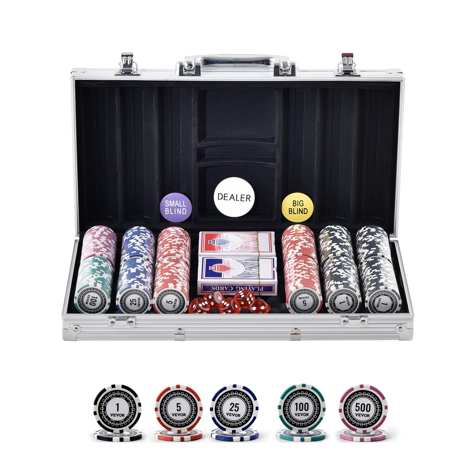 VEVOR Poker Chip Set, 500-Piece Poker Set, Complete Poker Playing Game Set with Aluminum Carrying Case, 11.5 Gram Casino Chips, Cards, Buttons and Dices, for Texas Hold'em, Blackjack, Gambling