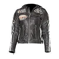 Womens Badges Cafe Racer Leather Jacket Hooded Vintage Biker Style Retro Motorcycle Cowhide Outerwear