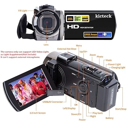 kicteck Video Camera Camcorder Digital Camera Recorder Full HD 1080P 15FPS 24MP 3.0 Inch 270 Degree Rotation LCD 16X Zoom Camcorder with 2 Batteries(604s)
