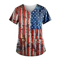Womens USA Flag 4th July American Red White Blue Star Stripes 4 Day Scrub Tops Pride Memorial Day Patriotic Shirts
