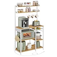 VASAGLE Bakers Rack with Power Outlet, Microwave Stand, Coffee Bar, 4 AC Outlets, with Adjustable Shelves, 8 S-Hooks, Basket, Spice Racks, Golden Oak and Cloud White UKKS031Y09