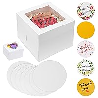 23Pcs Cake Boxes with Cake Boards 10x10x8 Inch-(10 Boxes &10 Boards,3 Cupcake Boxes)&80 Stickers-Square Large White Bakery Boxes with Window for Cookies- Cake Decorating Supplies