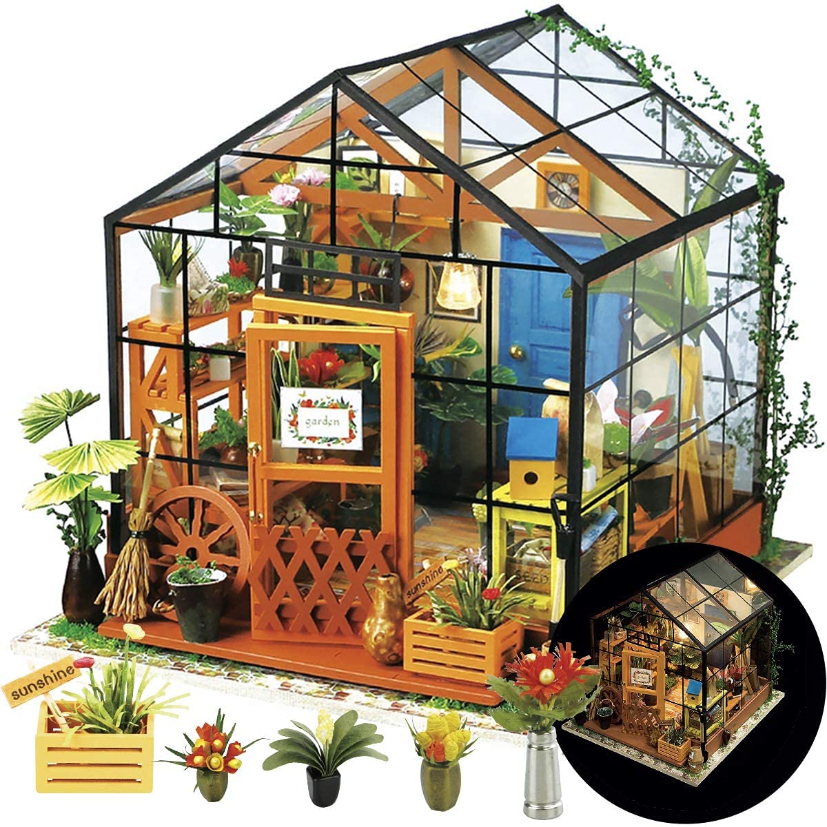 Rolife DIY Miniatures Dollhouse Kit, Miniature Greenhouse DIY Craft Kits for Adult to Build Tiny House Model (Cathy's Greenhouse+Alice's Tea Store)