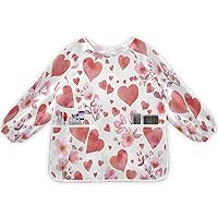 Red Heart Flowers Kids Art Smock Waterproof Artist Painting Aprons Long Sleeve with Pockets for Girls Boys Cooking Baking
