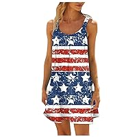 Patriotic Sundresses for Women 2024 American Flag Sleeveless T-Shirts Dress Crew Neck 4th of July Patriotic Dresses for Beach