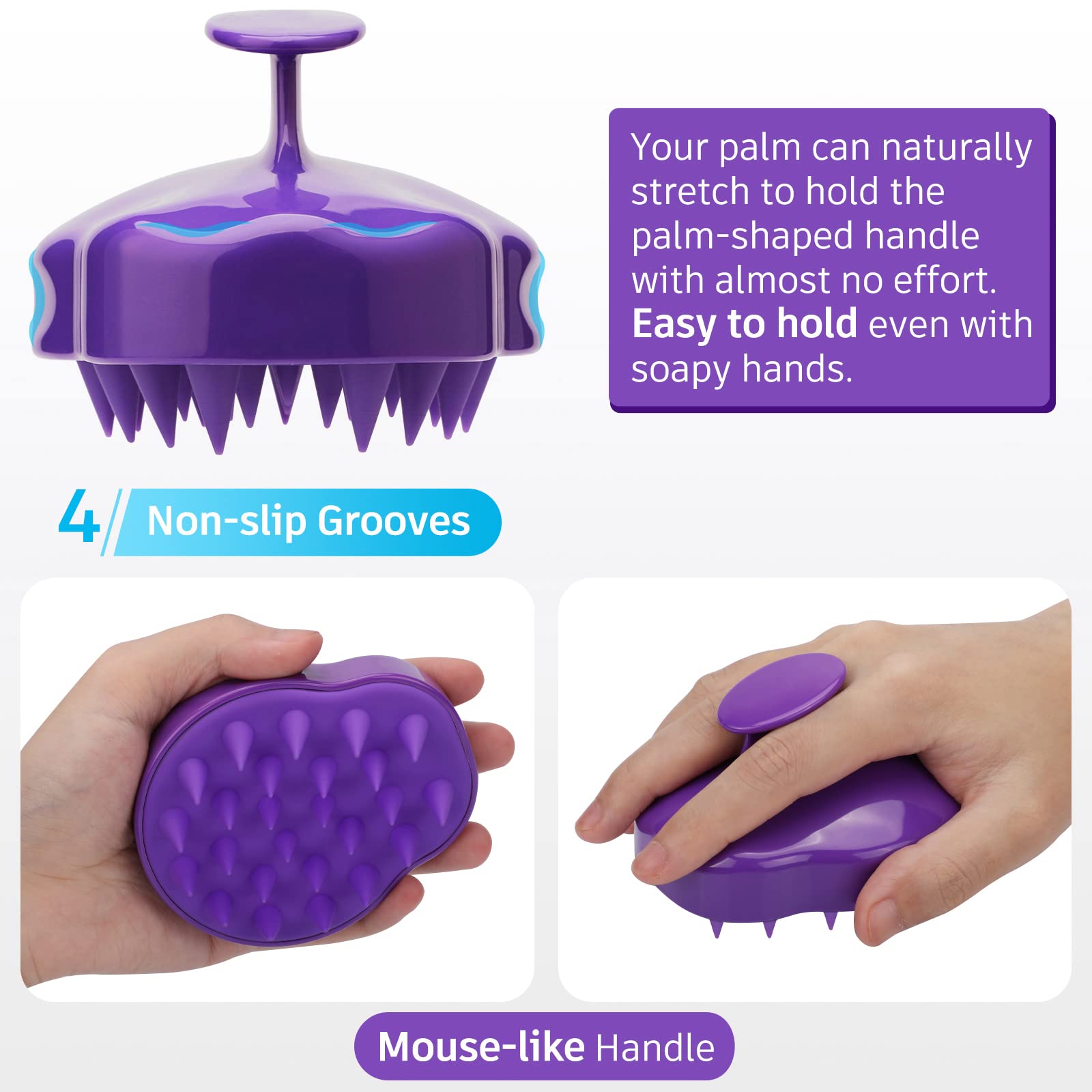 FREATECH Hair Scalp Massager Shampoo Brush with Soft Silicone Bristles for Scalp Care and Hair Growth, Shower Head Scalp Scrubber Exfoliator for Dandruff, Wet & Dry for Men, Women and Kids, Purple