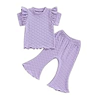 Fernvia Toddler Baby Girl Summer Clothes Set Ruffle Knit Ribbed Short Sleeves T-Shirts Tops Pants 2Pcs Outfits 0-5T