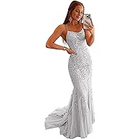 Prom Dressees Spaghetti Strap Lace Applique Tulle Mermaid Backless Bridesmaid Evening Formal Gowns