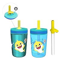Zak Designs Baby Shark Kelso Tumbler Set, Leak-Proof Screw-On Lid with Straw, Bundle for Kids Includes Plastic and Stainless Steel Cups with Bonus Sipper (3pc Set, Non-BPA)15 fl oz.