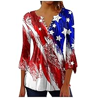 Womens Button Down Shirts 3/4 Sleeve Crewneck Tops USA Star Stripes American Flag T Shirt 2024 Summer Casual Blouse