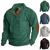 Men's Henley Pullover Sweatshirts,Long Sleeve Corduroy Shirt Lapel Collar Button Up Cargo Pullover Hoodies with Elbow