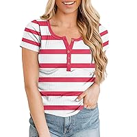 Women's Summer Resort Tops Trendy 2024 Striped Printed Henley Collared Shirts Loose fit Tunics