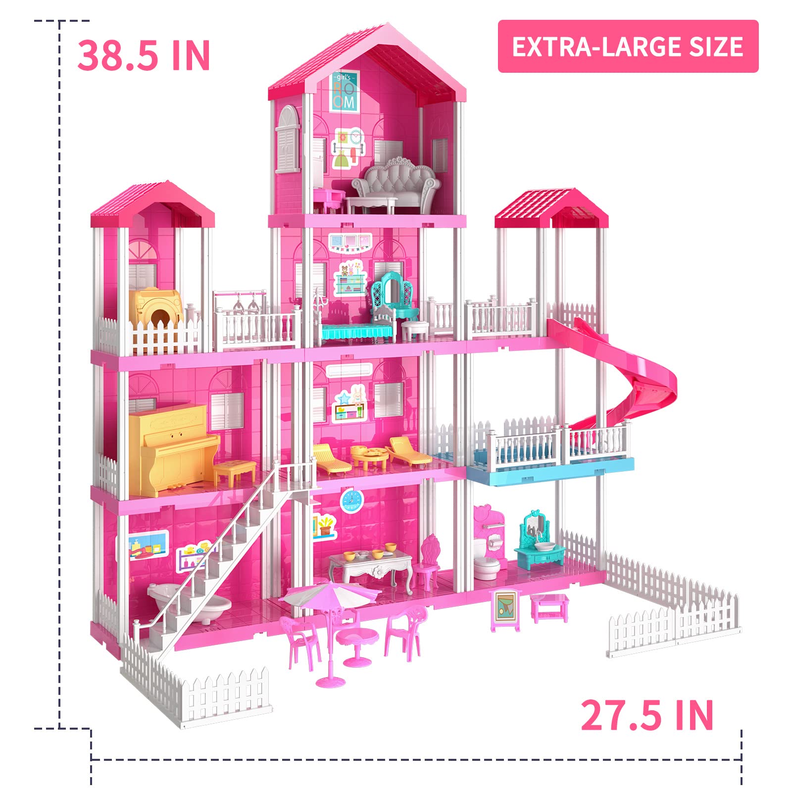 TEMI Dream House Doll House with 2 Doll Toy Figures, 4-Story 10 Rooms Dollhouse with Accessories and Furniture, Toddler Playhouse Gift for Kids Ages 3 Toys for 3 4 5 6 Year Old Girls