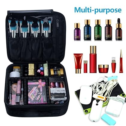 Relavel Travel Makeup Train Case Makeup Cosmetic Case Organizer Portable Artist Storage Bag with Adjustable Dividers for Cosmetics Makeup Brushes Toiletry Jewelry Digital Accessories Black