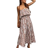 Summer Dresses for Women 2022 Spring Off Shoulder Boho Party Floral Tiered Long Maxi Dress Chiffon Strapless Sundress