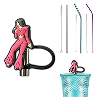 Valentine Drinking Straw Toppers With Free Reusable Straws & Brush, Pink Love Silicone Cover Plug Made For Hydroflask Stanley Tumbler Cups Gift Decorations Lid Spill Charm Protector 8mm (Selena)