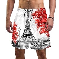 Painting Paris Eiffel Tower Quick Dry Swim Trunks Men's Swimwear Bathing Suit Mesh Lining Board Shorts with Pocket, L