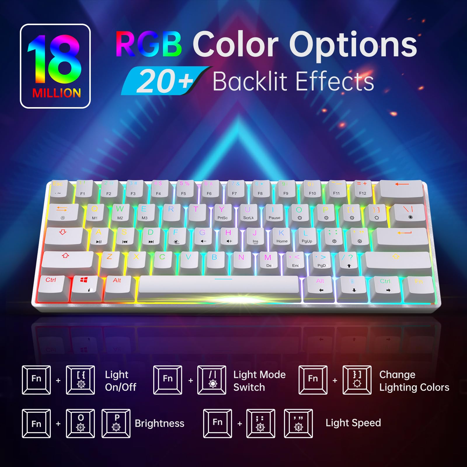 targeal 60% Mechanical Gaming Keyboard - 61 Keys Red Switch Quiet Office Computer Keyboard - Multi Color RGB Rainbow Led Backlit - Programmable for PC/Windows/Mac/Gamer - USB Wired - White