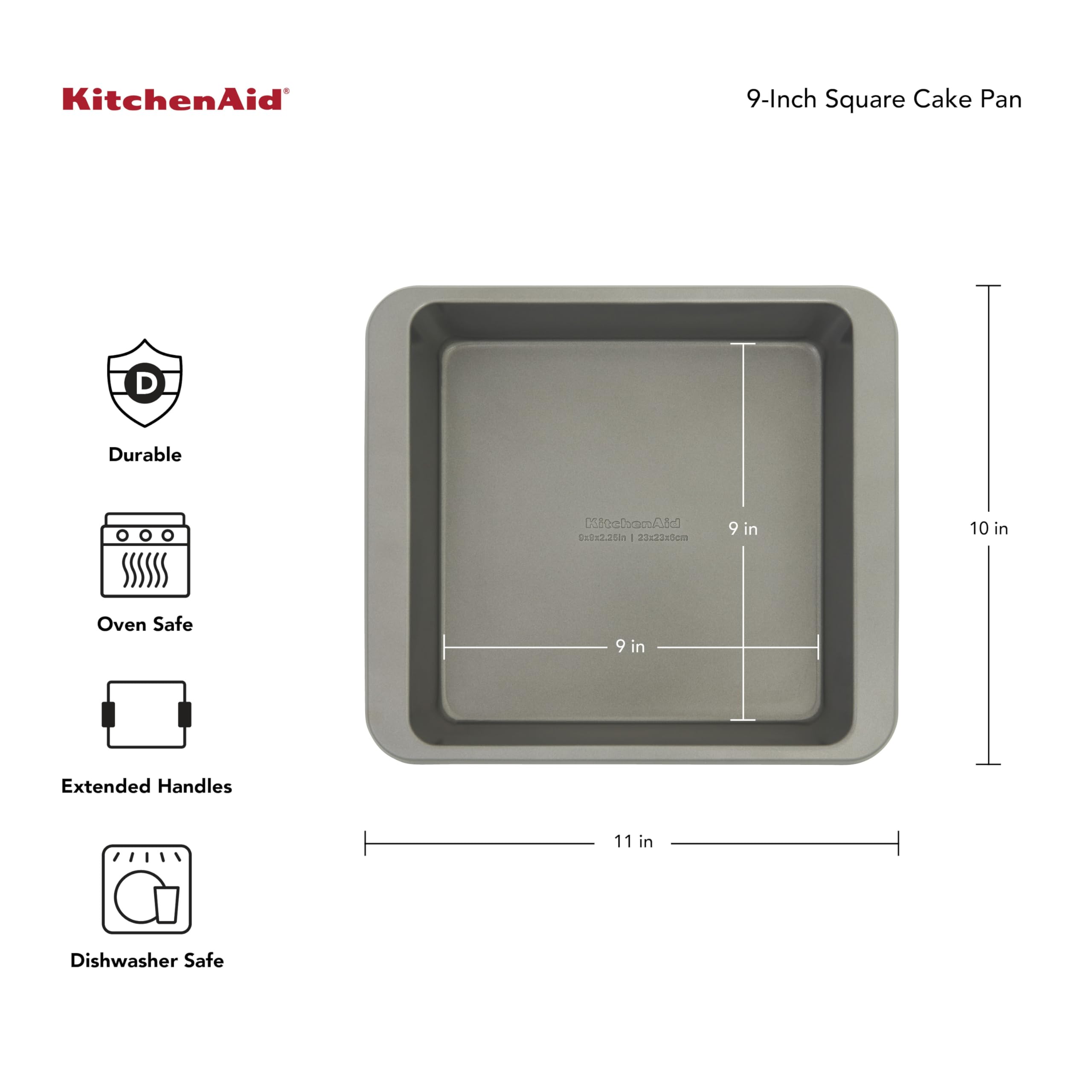 KitchenAid Nonstick 9 in Square Cake Pan with Extended Handles for Easy Grip, Aluminized Steel to Promoted Even Baking, Dishwasher Safe