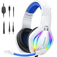 PG1 Gaming Headset for PS4/PS5/PC/Nintendo Switch/Xbox One, USB Headset with AI Stereo Microphone Sound, Computer Headset with 3.5mm Jack & RGB Light White+Blue