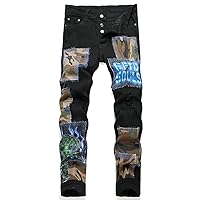 Men Punk Camouflage Patches Stretch Denim Slim Tapered Jeans
