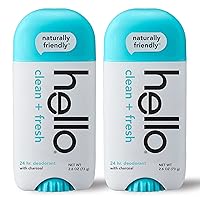 hello Activated Charcoal Fresh and Clean Deodorant for Women + Men, Aluminum Free, Baking Soda Free, Parabens Free, 24 Hour Odor Protection, 2.6 Ounce, 2 Pack