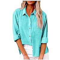 Linen Button Down Shirt Women Collared V Neck Solid Color Long Sleeve Blouse Summer Solid Color Tops with Pocket