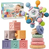 SpringFlower 3 in 1 Montessori Toys for Babies 0-3-6-12 Months, Rattle Teether & Baby Blocks & Soft Stacking Rings, Sensory Developmental Education Toys,Gift for Toddler Baby 0-3-6-12-18 Months