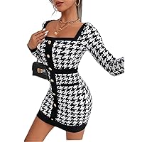 2023 Summer Women's Dress Houndstooth Square Neck Fake Button Bodycon Dress