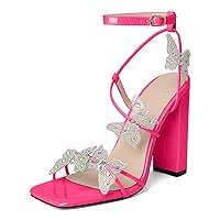 Butterfly Heels Sandals Rhinestone Crystal Butterflies Heels Open Square Toe Chunky Block High Heels 4 Inch Women's Ankle Strap Shoes