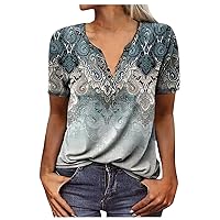 Women's Fashion 2023 Casual V-Neck Short Seeve Ethnic Printing Button Loose Top