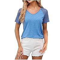 Women Elegant Tshirt Hollow Lace Sleeve Summer Tops Casual Comfy Plain Basic Casual Tee Shirts 2024 Cute Tunic