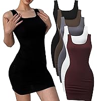 5 Piece Women Sleeveless Tank Dresses Square Neck Slim Fit Short Casual Bodycon Party Club Mini Dress