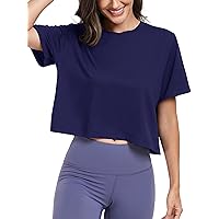 KevaMolly Workout Crop Tops for Women Loose Fit UPF50+ Breathable Yoga T Shirts Running Athletic Cropped Workout Tops