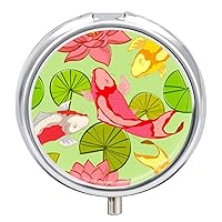 Round Pill Box Lotus Leaves Flowers Carp Portable Pill Case Medicine Organizer Vitamin Holder Container with 3 Compartments