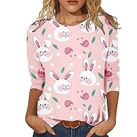 Easter Shirts for Women Fashion 3/4 Sleeve Bunny and Eggs Print Graphic Tees Casual Crewneck Blouse Tops