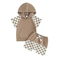 Infant Baby Boy Summer Hooded Outfit Contrast Color Short Sleeve T Shirt Top Elastic Shorts Summer Clothes Set