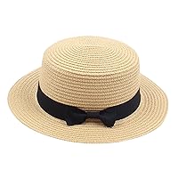 Unisex Kids Little Girls Sun Straw Hat Bowler Round Top Wide Brim with Black Bowknot Decor Summer Beach Foldable Visor