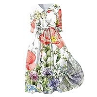 XJYIOEWT Dresses for Women,Women Korean Style Dresses Lace Up Waist Defined Shirt Midi Dress Summer Half Sleeve Trendy