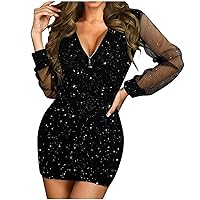 Womens Sheer Long Sleeve Party Dress Sequin Bodycon Mini Dress Sexy Sparkly Mesh Going Out Dresses Zip V Neck Clubwear