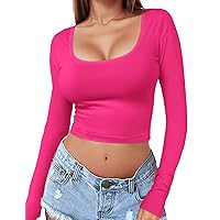 Women's Square Neck Long Sleeve Crop Top Y2K Shirt Sexy Slim Fitted Casual Base Layer Soft Workout Shirt Going Out Tops