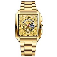 Square Case Men's Watch: Calendar Dial Stainless Steel Strap Luminous Hands 30 Meter Waterproof - Analog Quartz Watch Gold Color