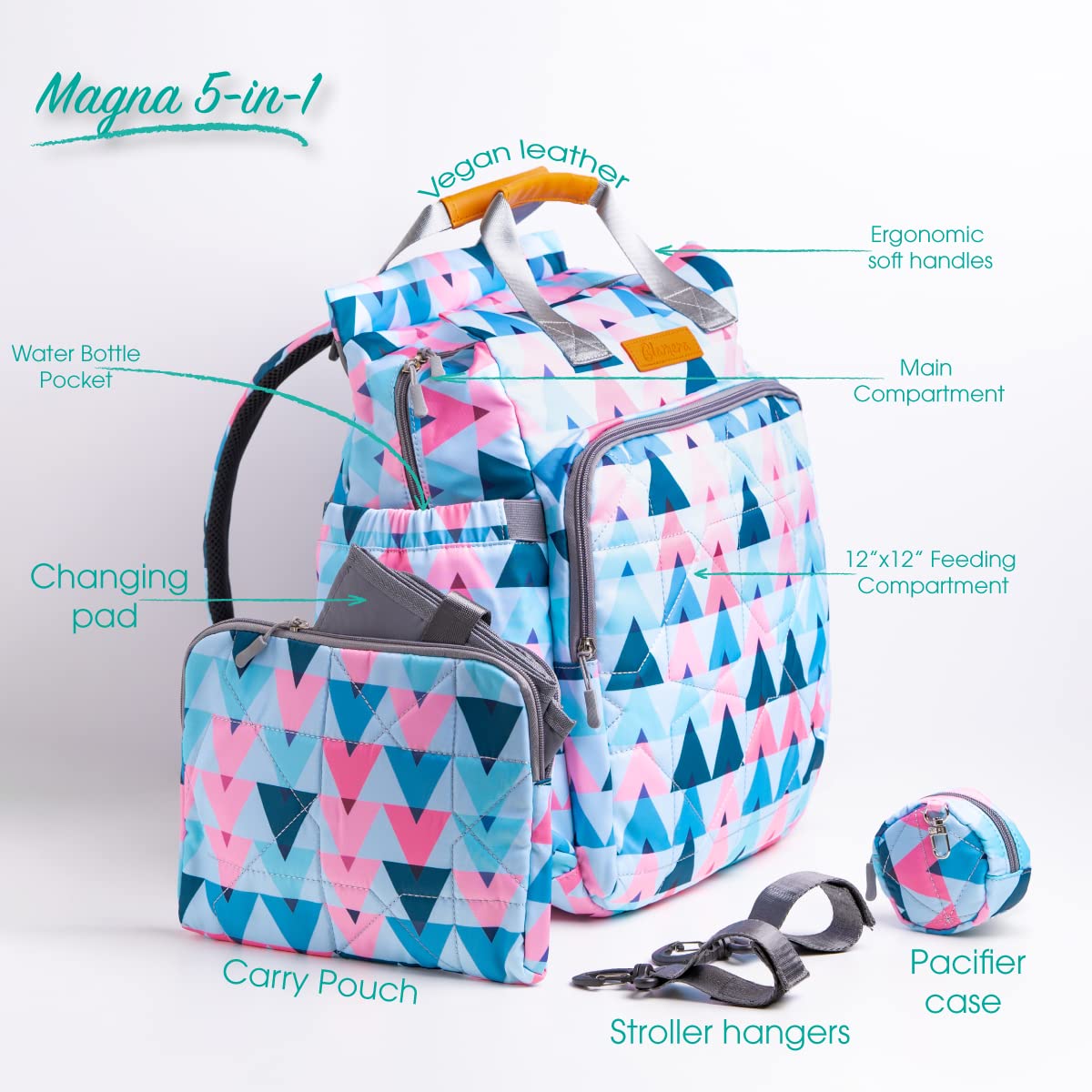 Clamera Diaper Bag Backpack – 5-in-1 Magna Travel Back Pack – Extra Large Diaper Bag with Changing Pad, Diaper Pouch, Pacifier Pouch & Stroller Hangers