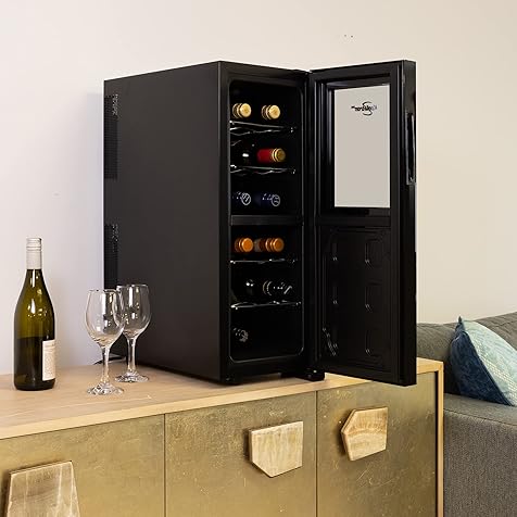 Koolatron Urban Series 12 Bottle Dual Zone Wine Cooler, Black, Thermoelectric Wine Fridge, Freestanding Wine Cellar, Red, White, Sparkling Wine Storage for Small Kitchen, Apartment, Condo, RV