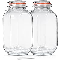 1 Gallon Square Glass Storage Jars with Airtight Lids, 2 Pack Large Glass Pickle Jars for Fermenting, Clear Glass Canister for Flour, Cookie, Candy, Kombucha, Sun tea(Extra Labels and Gasket)
