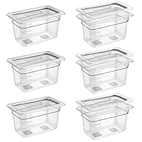 6 Pack 1/4 Size 6'' Deep Clear Food Pans with Lids, Commercial Food Pans Polycarbonate Transparent Food Storage Containers, Stackable Plastic Pan with Capacity Scale, Restaurant Supplies Hotel Pan